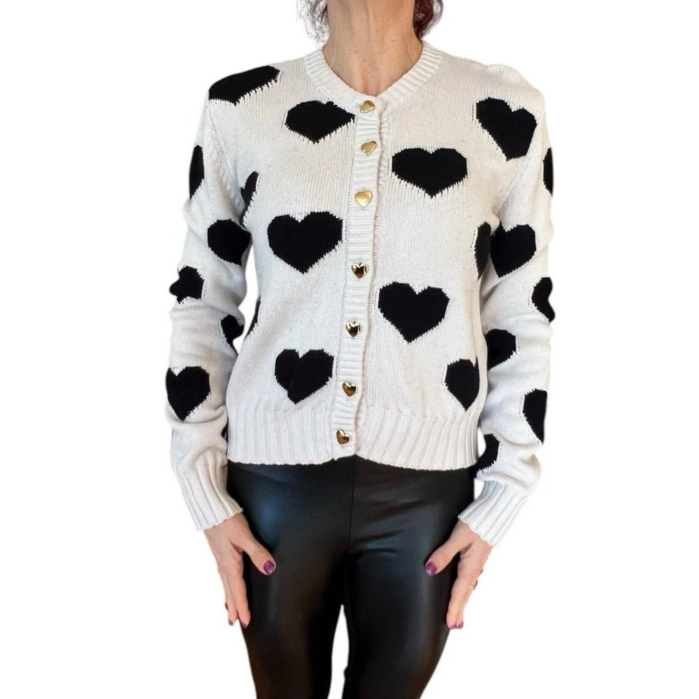 MINNIE ROSE BEIGE  INTARSIA HEART KNIT CARDIGAN SWEATER CASHMERE BLEND XS NWT